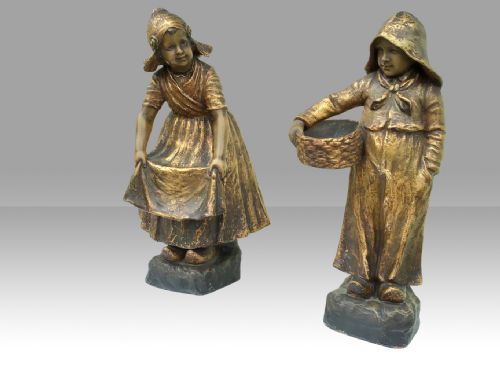 fig 1. A Fabulous pair of antique Goldscheider figures Of boy and girl in Dutch dress