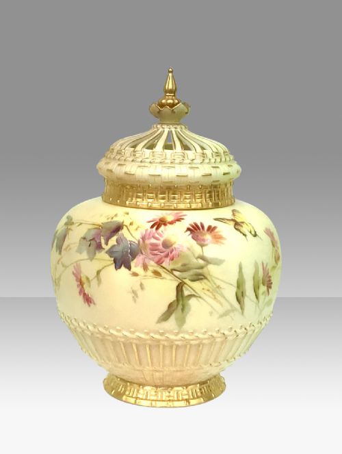 Fabulous Large Antique Royal Worcester Blush Ivory Pot Pourri Rose Jar and Crown Cover.raby.