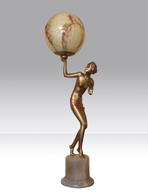 Very Fine Art Deco Lady Lamp on a Circular Alabaster Base