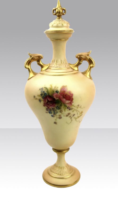 ANTIQUE ROYAL WORCESTER BLUSH IVORY PEDESTAL VASE WITH LID - ADDITIONAL PHOTO 1