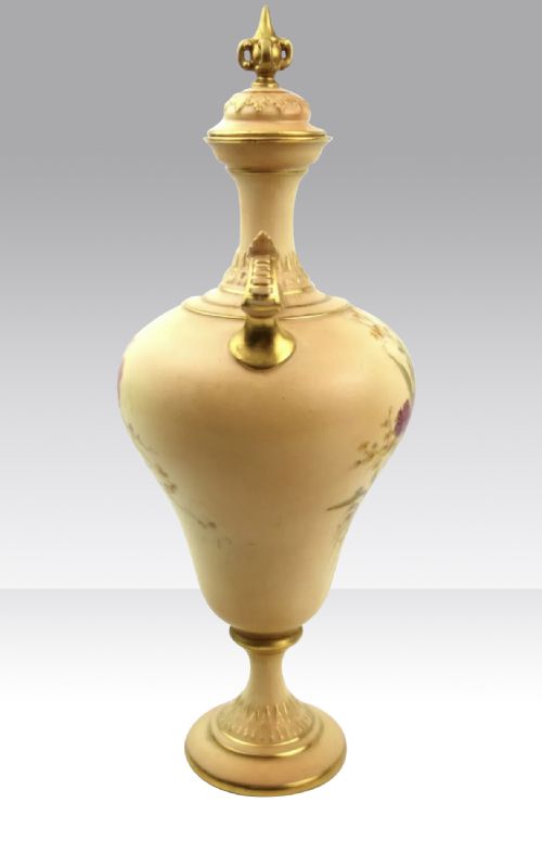 ANTIQUE ROYAL WORCESTER BLUSH IVORY PEDESTAL VASE WITH LID - ADDITIONAL PHOTO 2