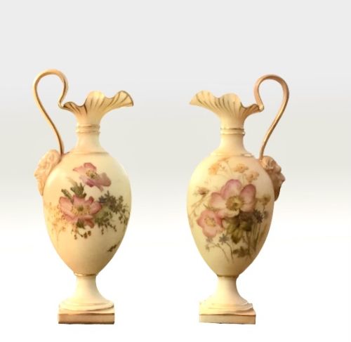 Fabulous Pair of  Antique Royal Worcester Blush Ivory Ewers,vases