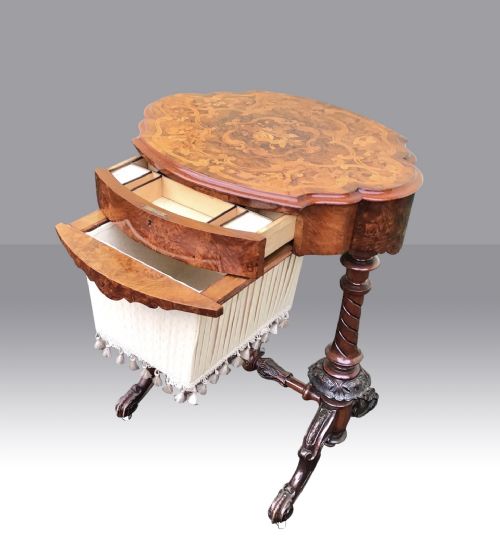 ANTIQUE BURR WALNUT OVAL SEWING WORK LAMP TABLE - ADDITIONAL PHOTO 1