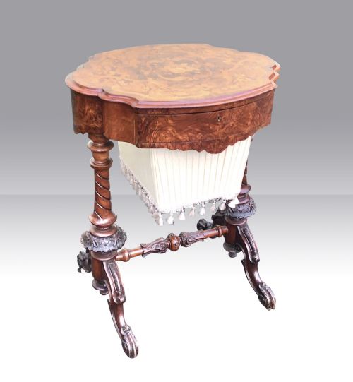 ANTIQUE BURR WALNUT OVAL SEWING WORK LAMP TABLE - ADDITIONAL PHOTO 3
