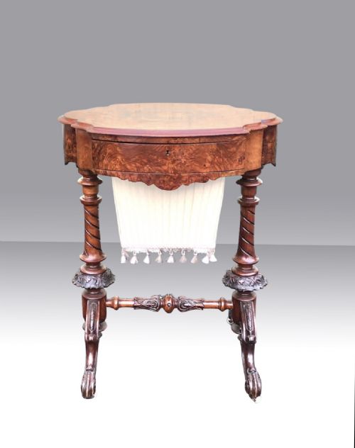 ANTIQUE BURR WALNUT OVAL SEWING WORK LAMP TABLE - ADDITIONAL PHOTO 4