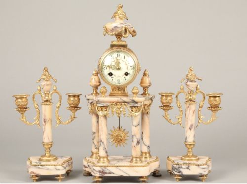 Antique Three Piece French Marble and Ormolu Mantel Clock Set, Mantel Clock