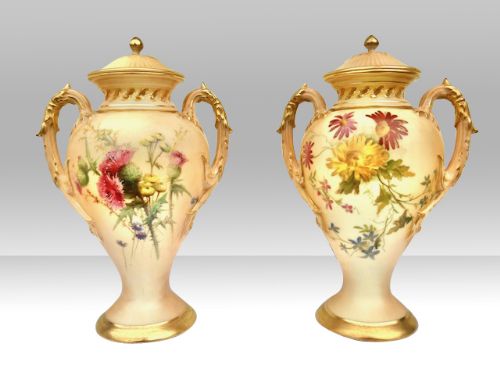 Pair of Antique Royal Worcester Two Handled Blush Ivory Pot Pourri Vases
