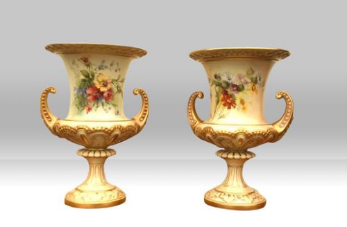 Pair of Antique Royal Worcester Blush Ivory Vases