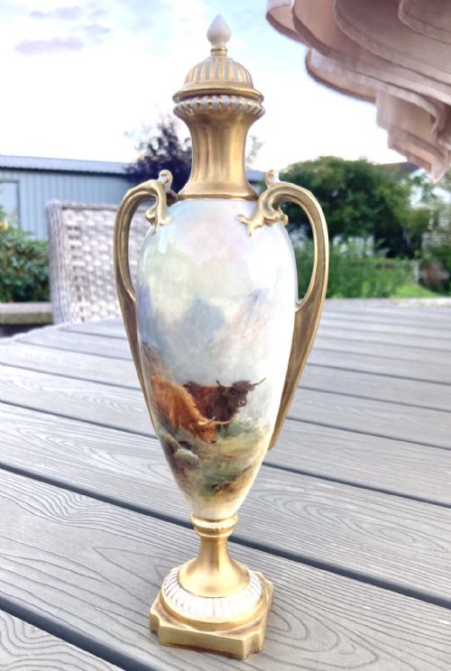 Antique Royal Worcester Harry Stinton Highland Cattle Vase