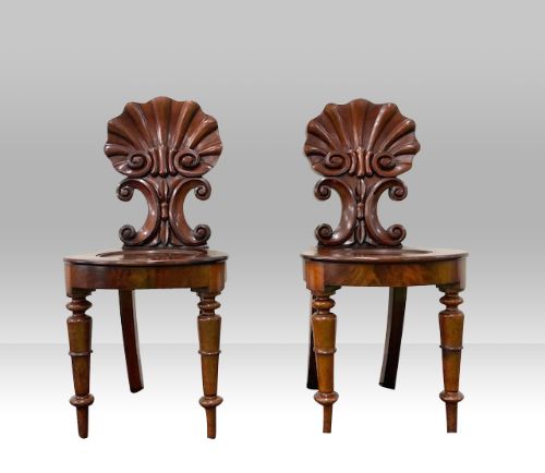 Pair of Mahogany Escalloped Backed Antique Coaching Hall Chairs