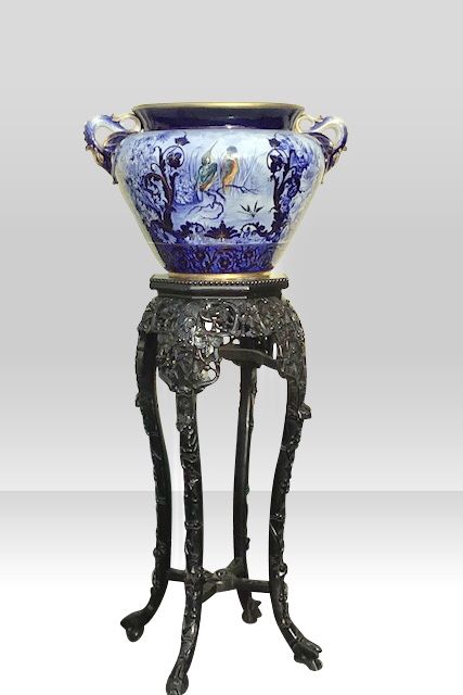 Large Blue and White Antique Jardiniere on Stand.