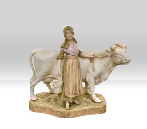 Antique Royal Dux Figure Group of Cow and Milk Maid