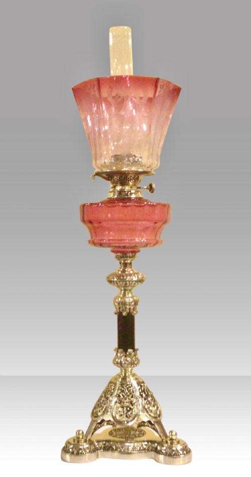 Antique Cranberry Ruby Oil Lamp with Superb Brass Filigree Base