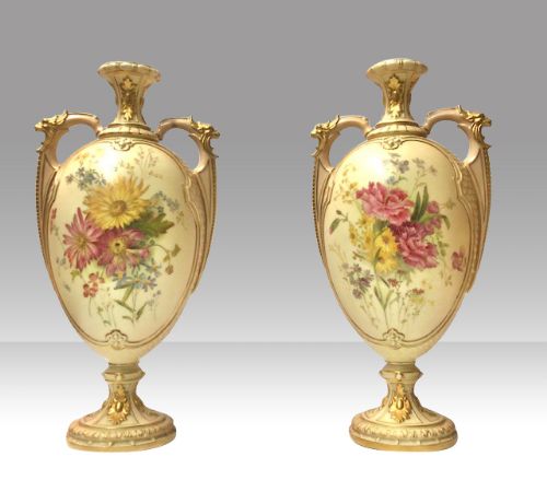 Lovely Pair of Antique Royal Worcester Blush Ivory Vases
