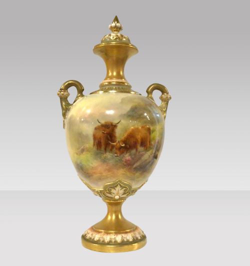 Antique Royal Worcester Harry Stinton Highland Cattle Vase