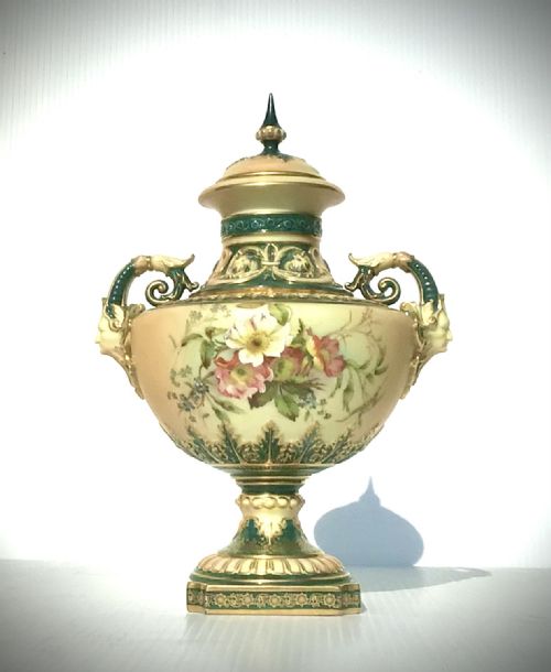 Antique Royal Worcester Blush Ivory Hand Painted  Covered Vase