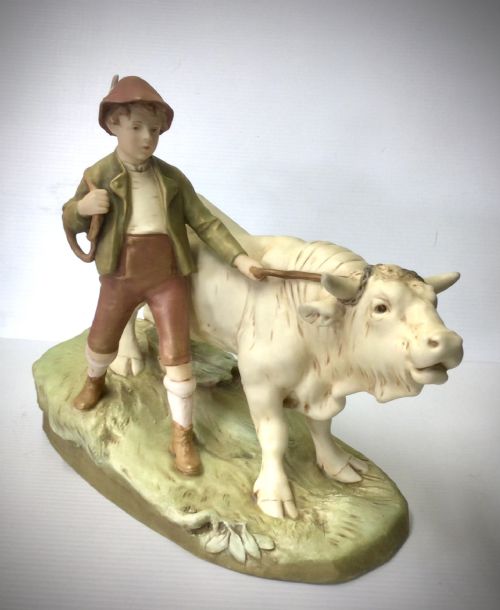 Large Antique Royal Dux Figure Group of Boy with Bull,