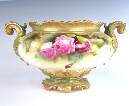 Large Antique Royal Worcester Rose Decorated Scalloped Edge Bowl