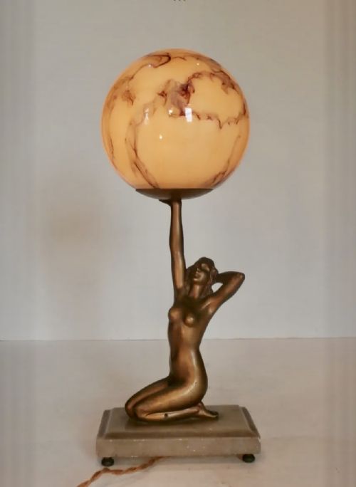 Art Deco Lady Lamp with Marbled Globe