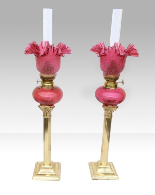 PAIR OF ANTIQUE RUBY GLASS PEG OIL LAMPS