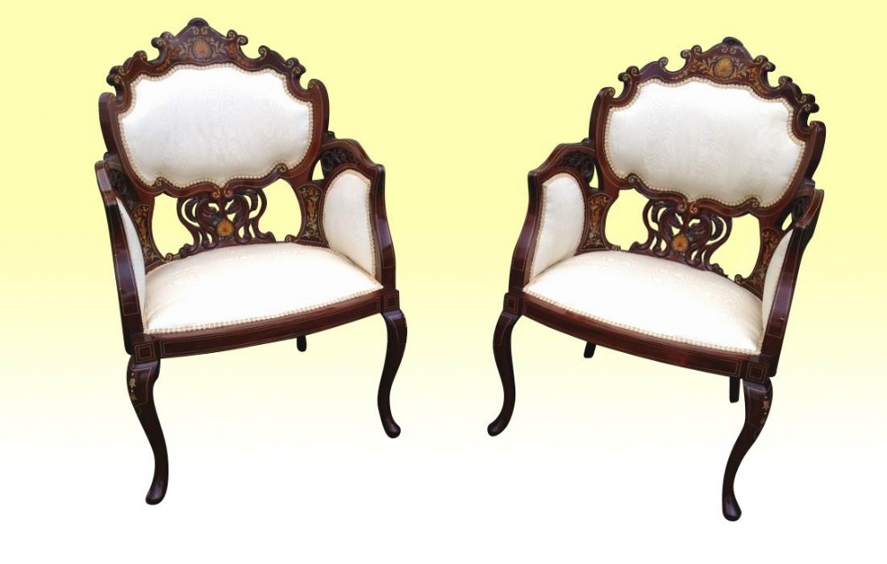 Magnificant Pair Of Antique Inlaid Mahogany Arm Chairs