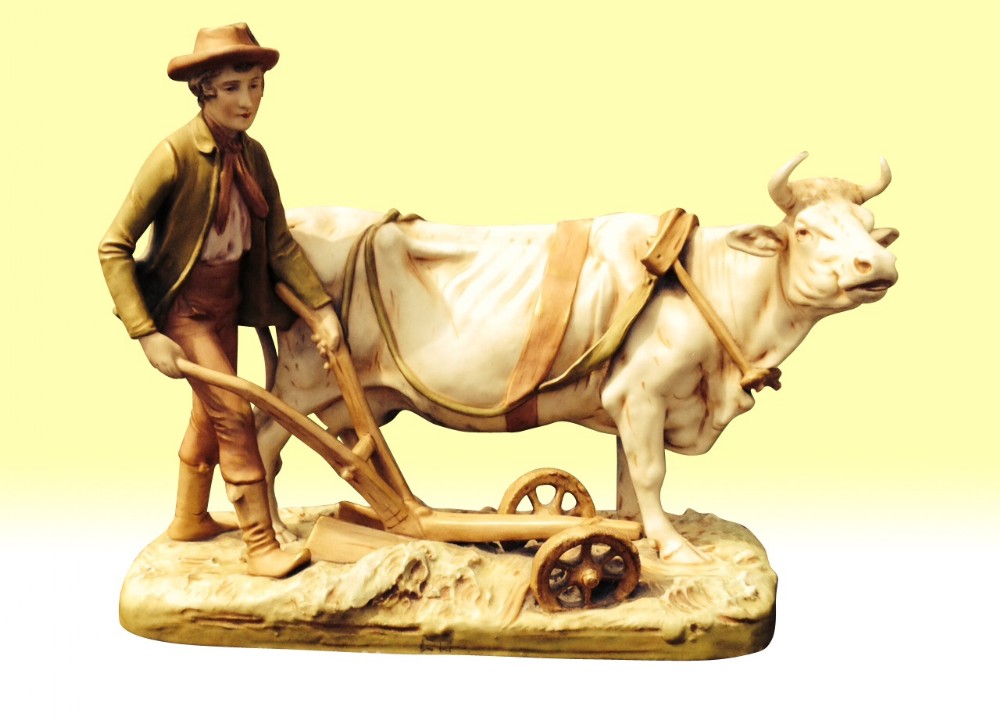 Superb large antique Royal Dux  group of  Cow and Plough Man