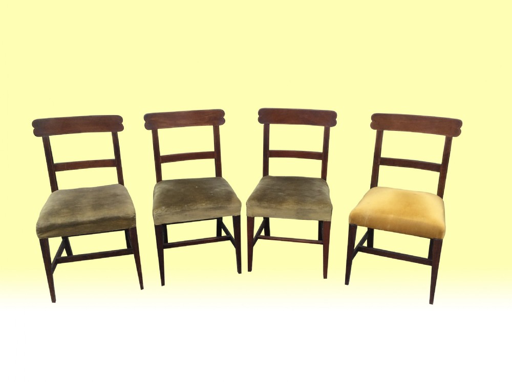 Set of four Irish Georgian Sheridan inlaid mahogany antique dining chairs