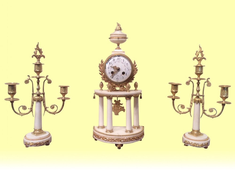 Antique marble and gilt bronze marble mantel clock set garniture