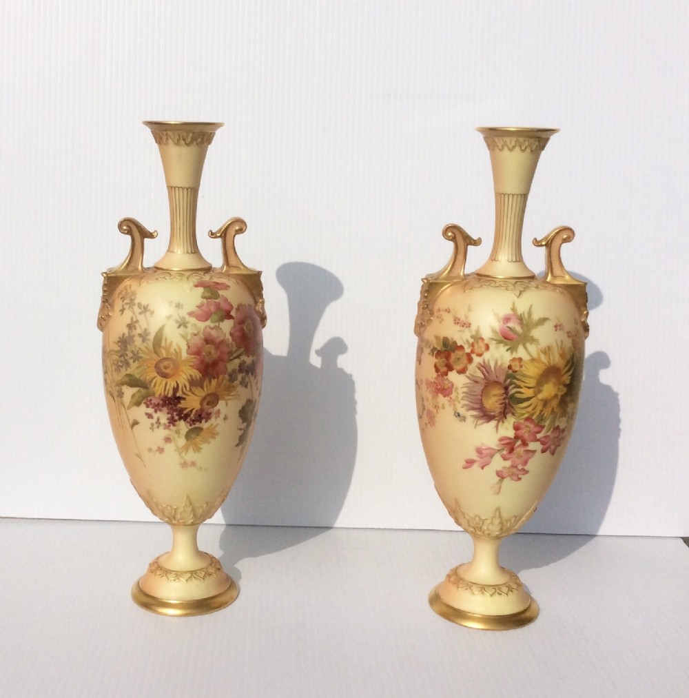 Superb Pair Of Antique Royal Worcester Blush Ivory Hand Painted Vases