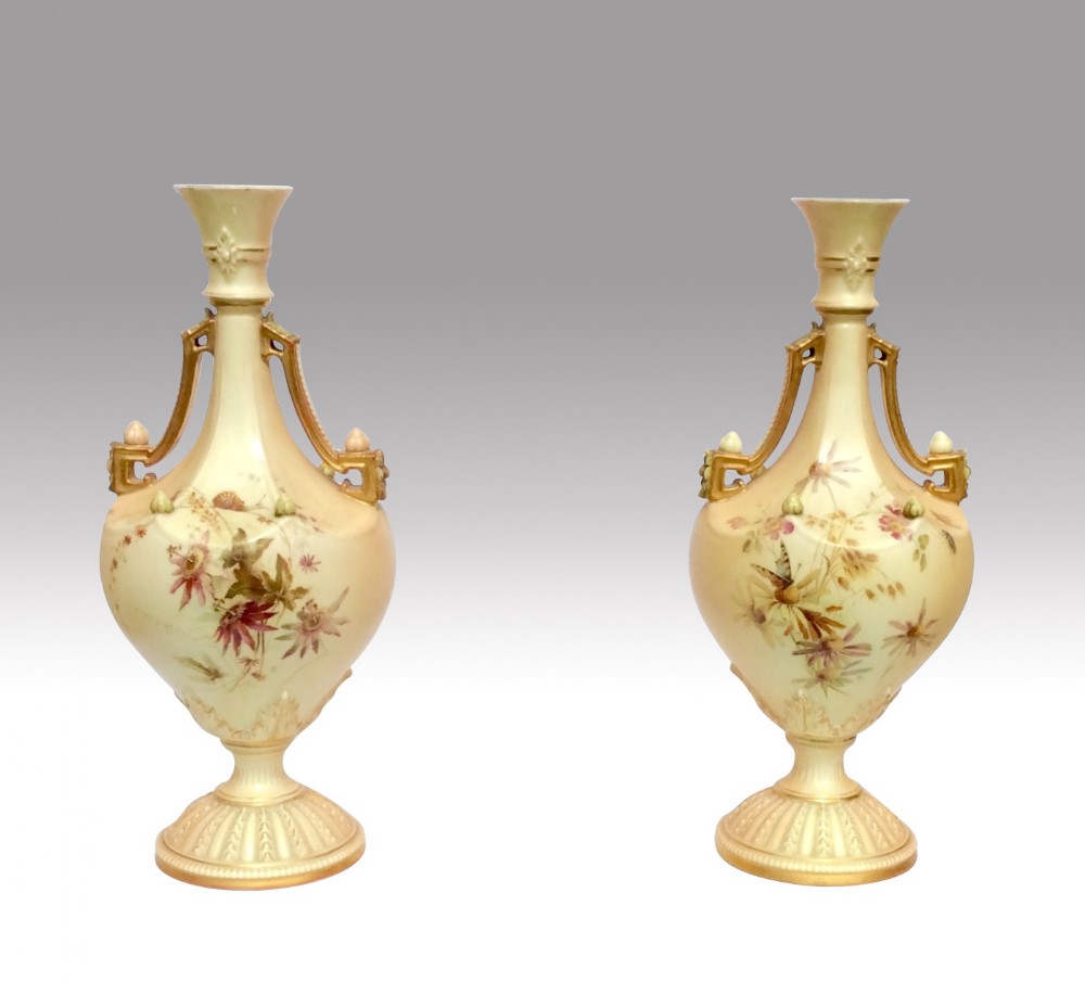 Beautiful Pair Of Royal Worcester Blush Ivory Vases signed Edward Raby