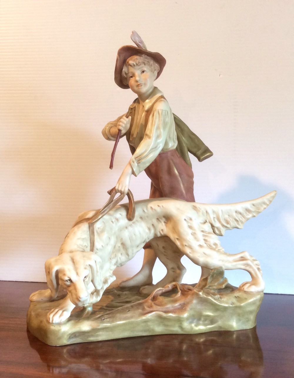 Fine Quality Antique Royal Dux Figure Group of Boy With Dog