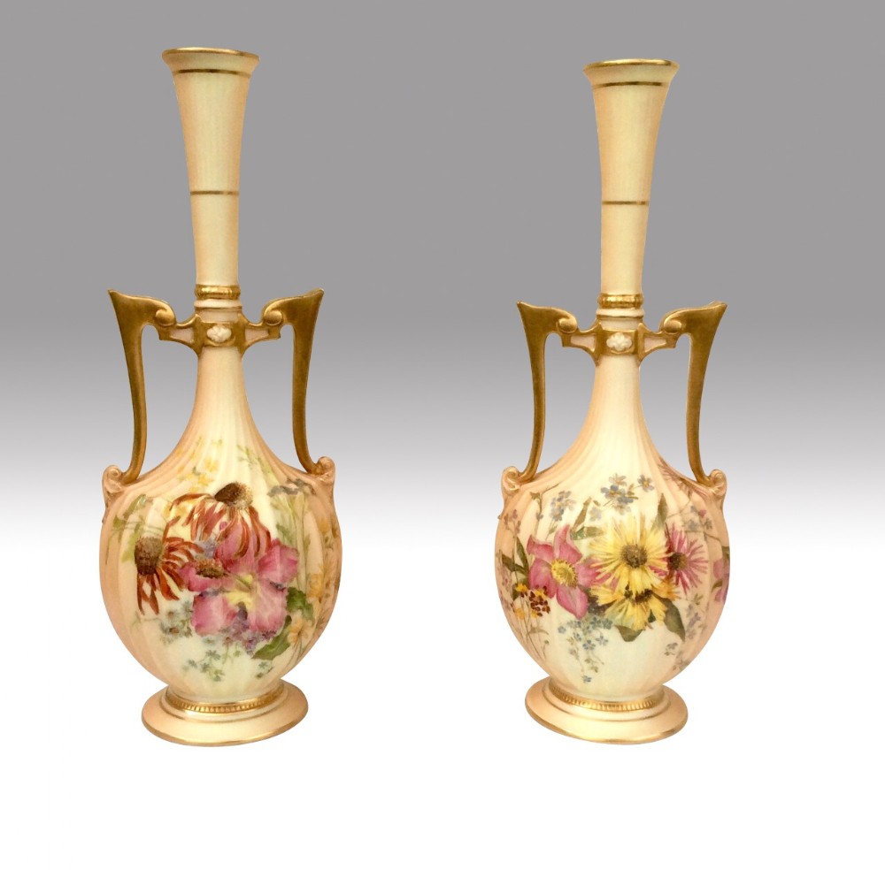 Beautiful Pair Of Hand Painted Antique Royal Worcester Vases