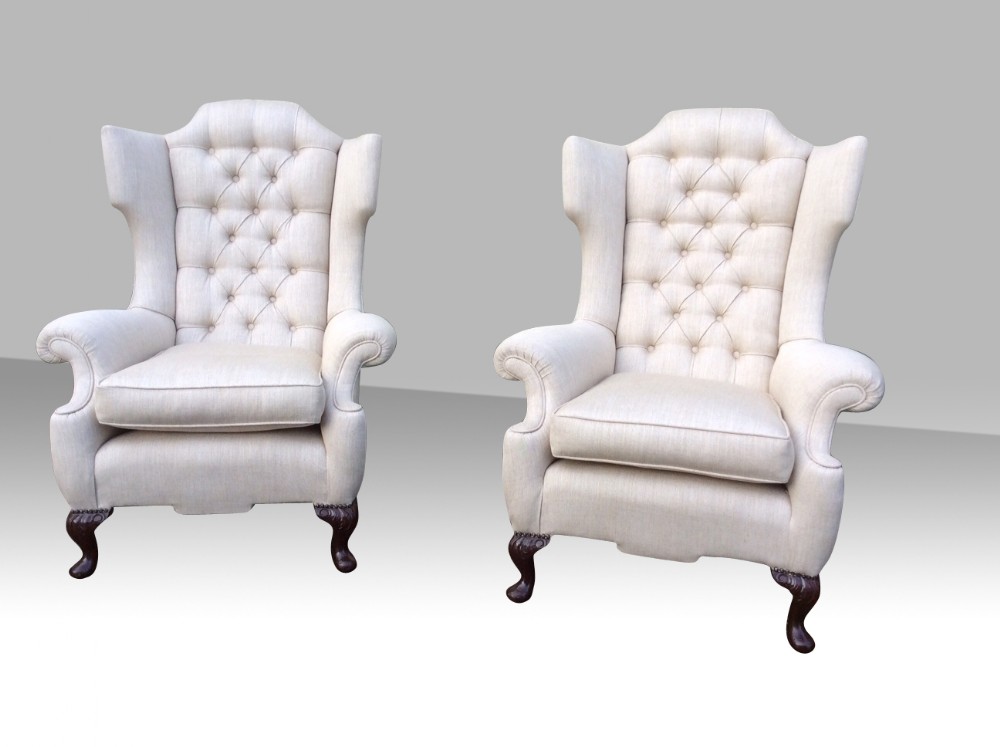Beautiful Pair Of Very Comfortable Antique Wing Back Upholstered Chairs