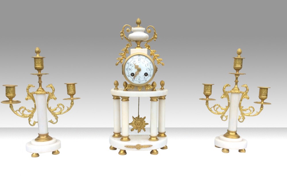 Antique  Gilt Bronze Marble Mantel Garniture French Clock Set