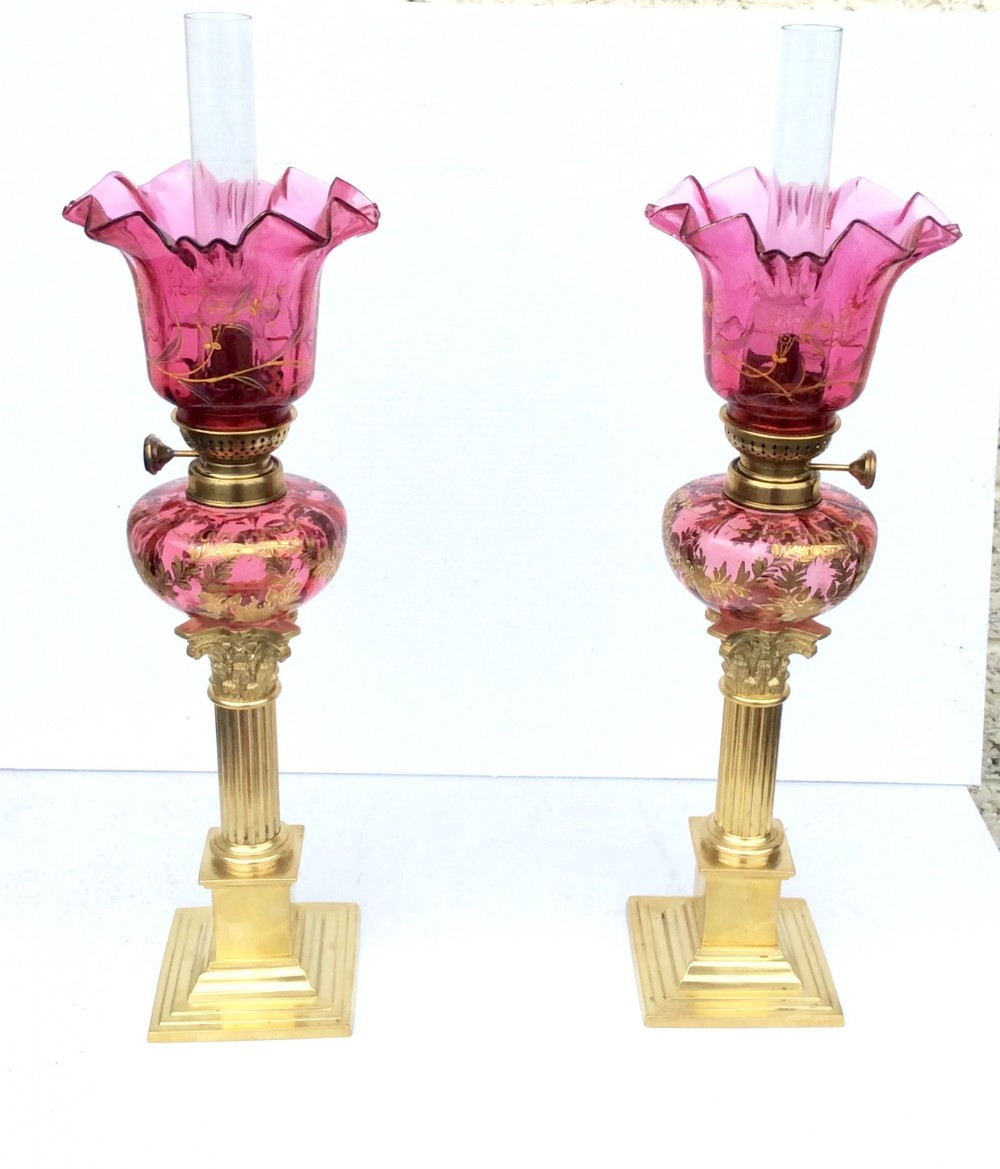 Stunning Pair Of Antique Ruby Glass Oil Peg Lamps