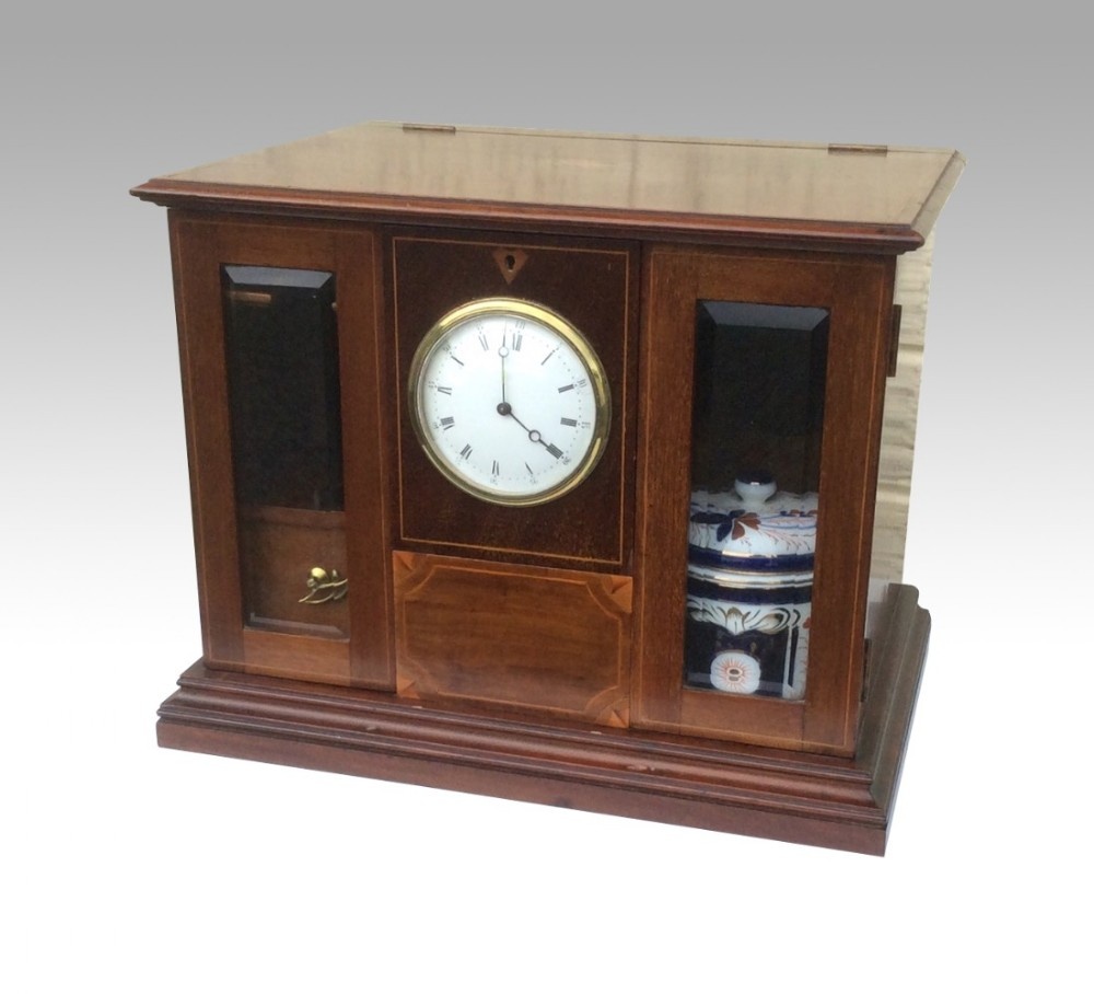 Quality Antique Inlaid Mahogany Pipe Smokers Cabinet With Fitted Clock