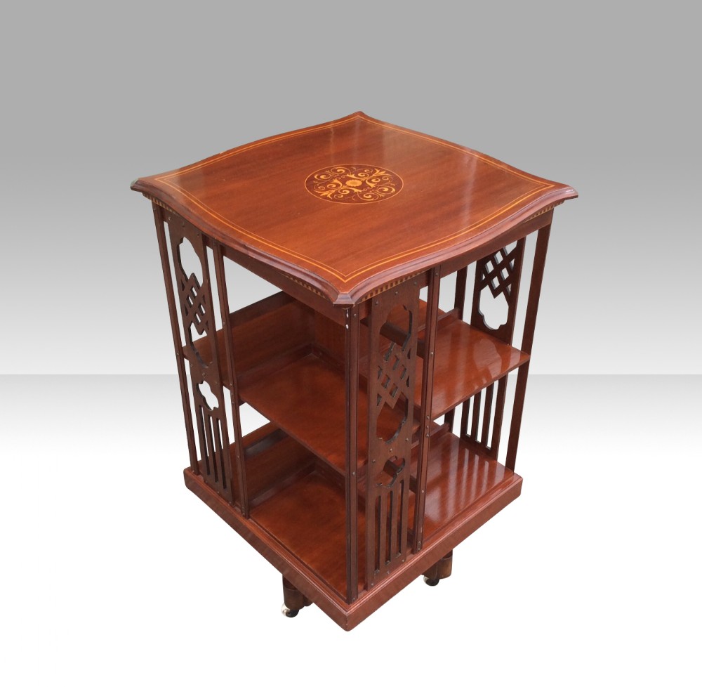 Fabulous quality inlaid Mahogany serpentined shaped antique revolving bookcase