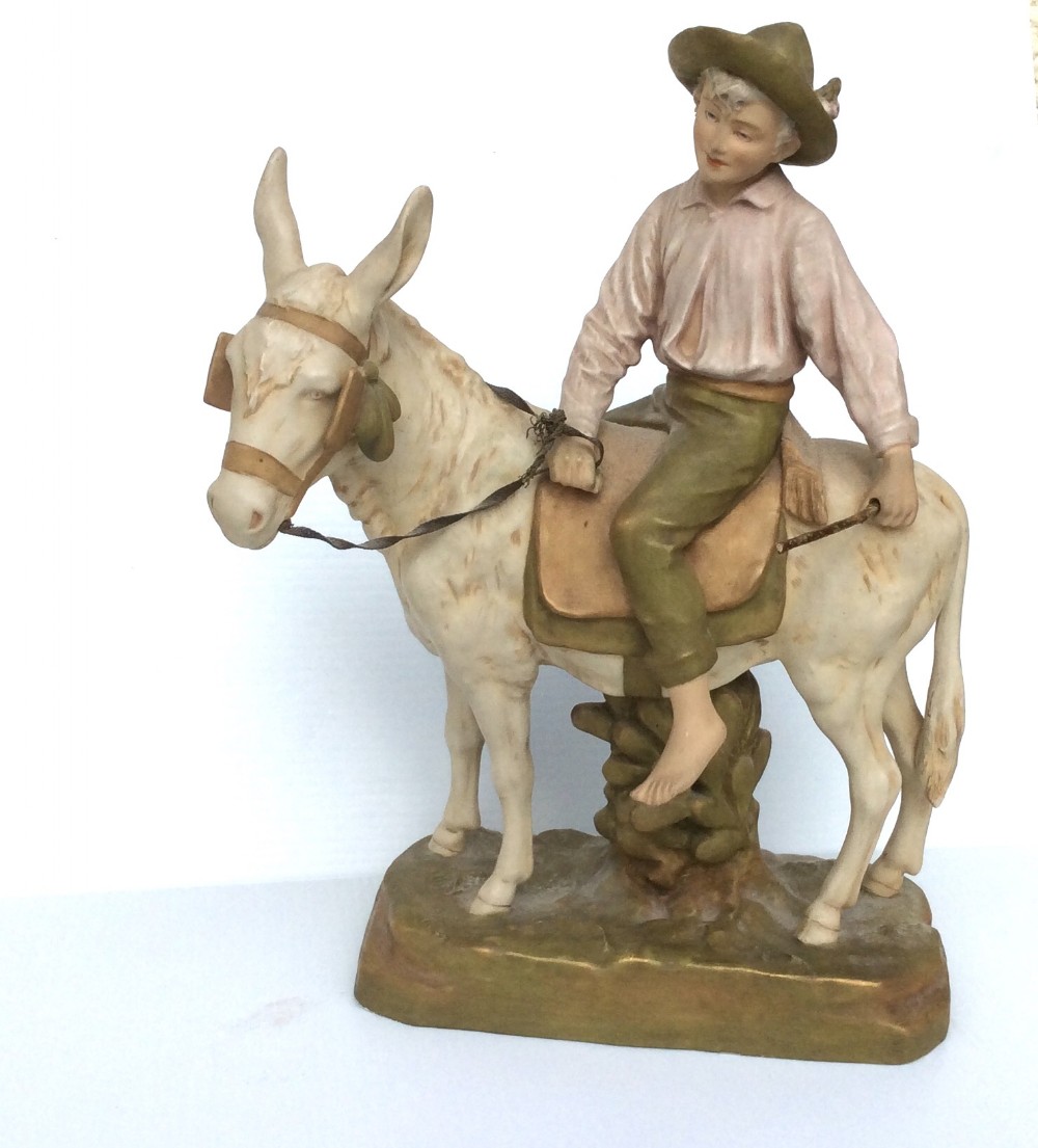 Beautiful  Large Antique  Royal Dux Figurine of Boy On Donkey