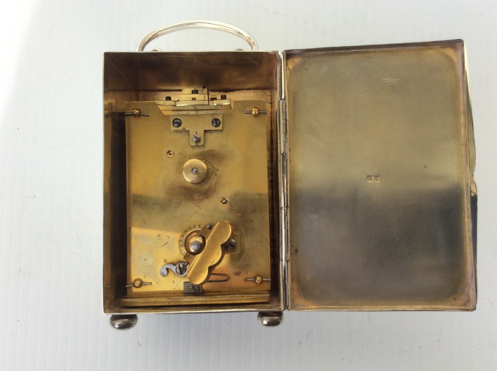 A fine antique sterling silver English boudoir timepiece carriage clock hallmarked Birmingham 1899  View VI
