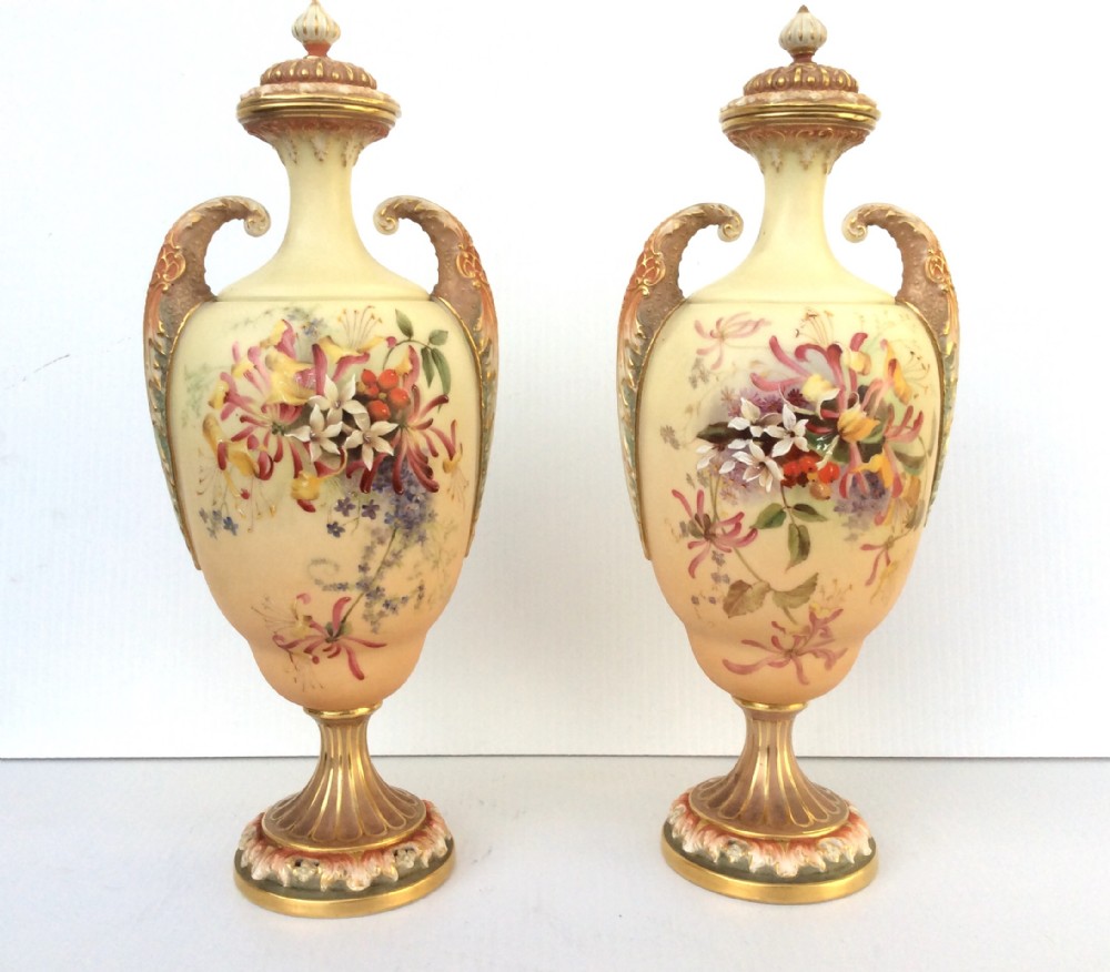 Beautiful Pair Of Hand Painted Blush Ivory Royal Worcester Vases