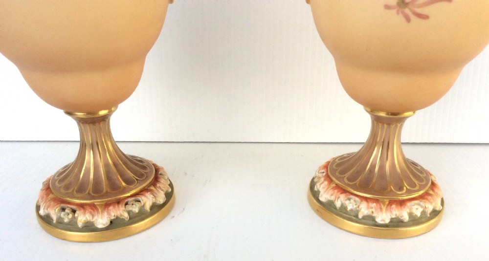 Beautiful Pair Of Hand Painted Blush Ivory Royal Worcester Vases View X