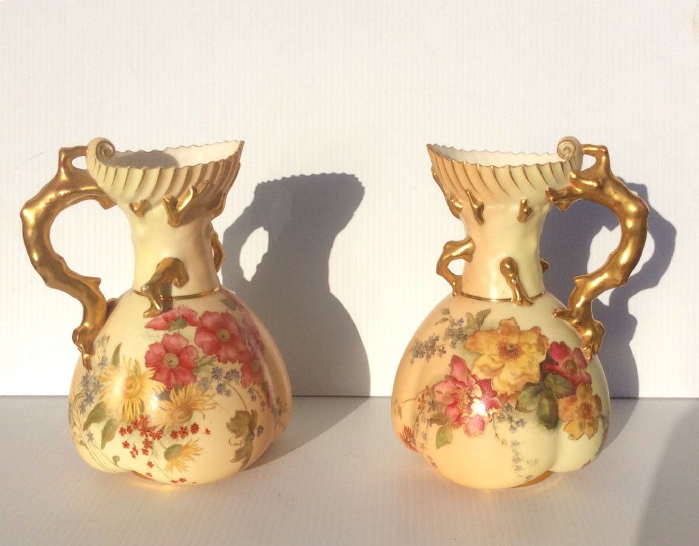 Lovely Pair Of Large Antique Blush Ivory Hand Painted Royal Worcester Coral Handle Vases,Jugs