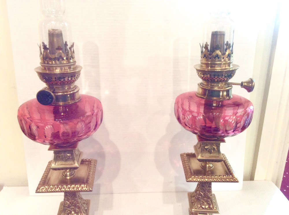 Stunning Matching  Pair Of Original Antique Ruby Glass Oil Peg Lamps . View III