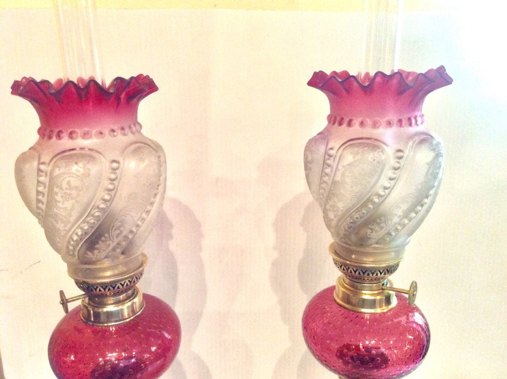 Superb Matching  Pair Of Original Antique Ruby Glass Oil Peg Lamps. View II