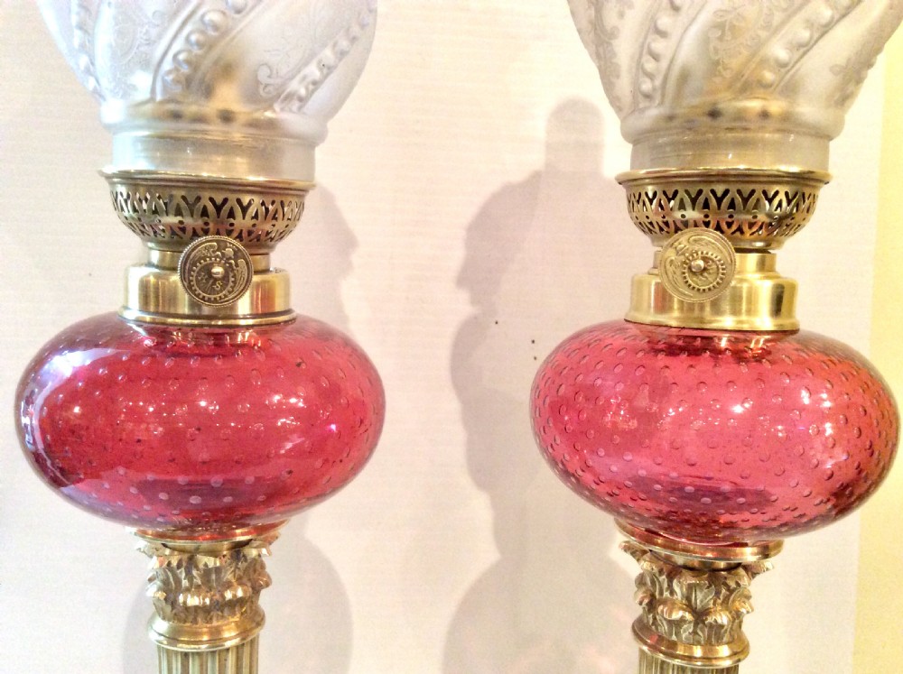 Superb Matching  Pair Of Original Antique Ruby Glass Oil Peg Lamps. View IV