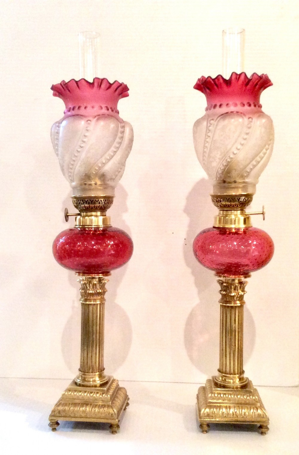 Superb Matching  Pair Of Original Antique Ruby Glass Oil Peg Lamps.