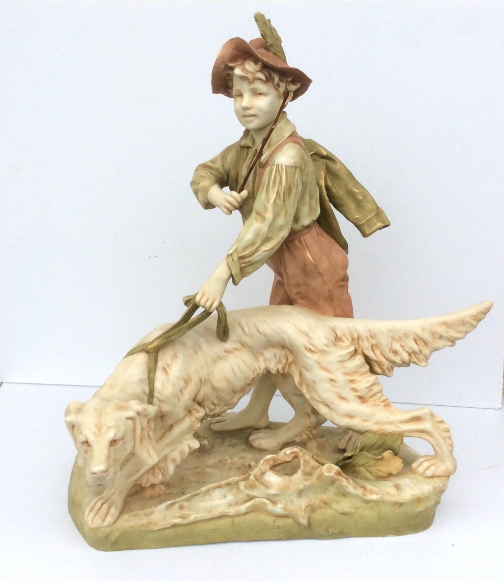 Superb Large Antique Royal Dux Figurine Of Boy And Dog