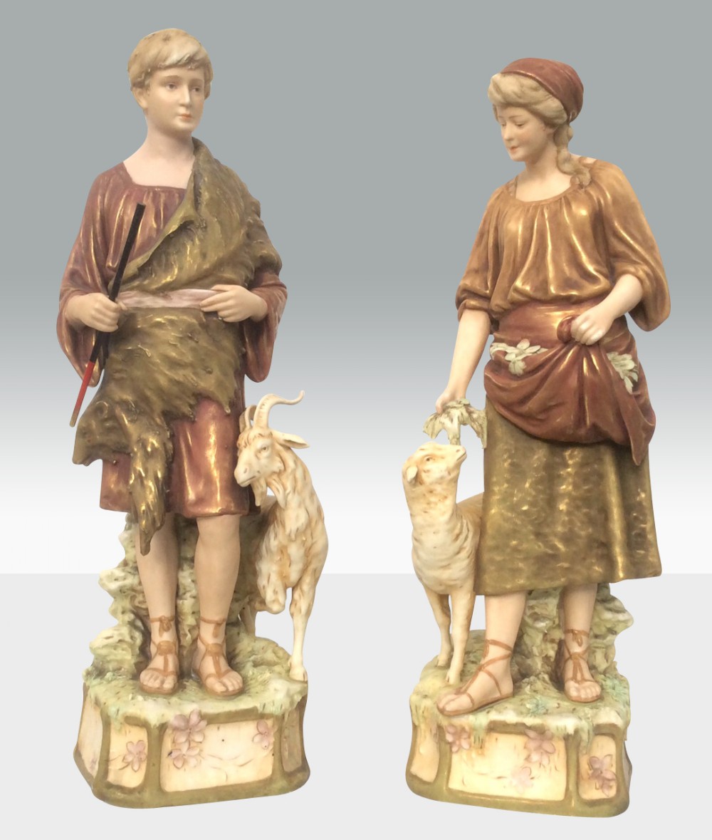 Fabulous Large Pair Of Royal Dux Figures Of Shepherd and Shepherdess with Goat And Sheep