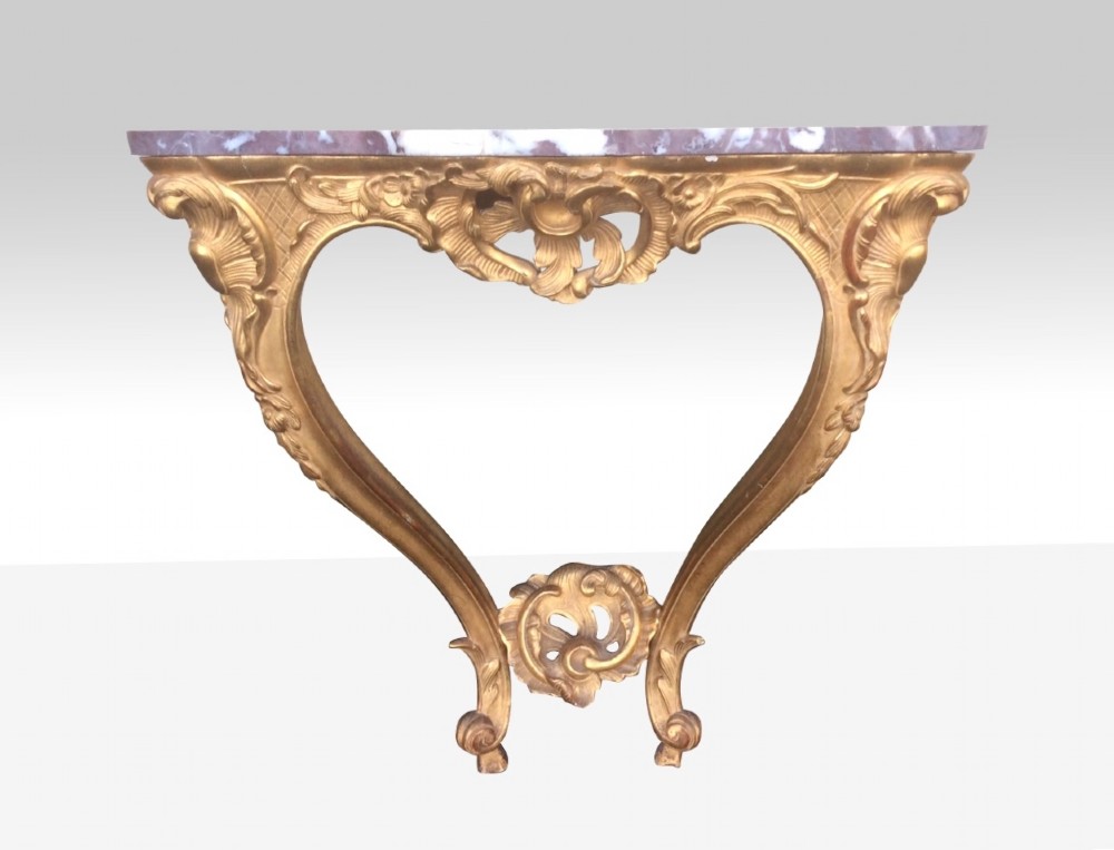 Antique Gilt Wood Console Table With  Shaped Rouge Antique Marble Top