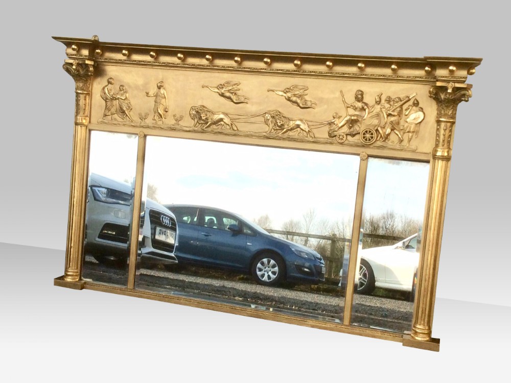 Antique Gilded Triptych Overmantel Mirror with Frieze 